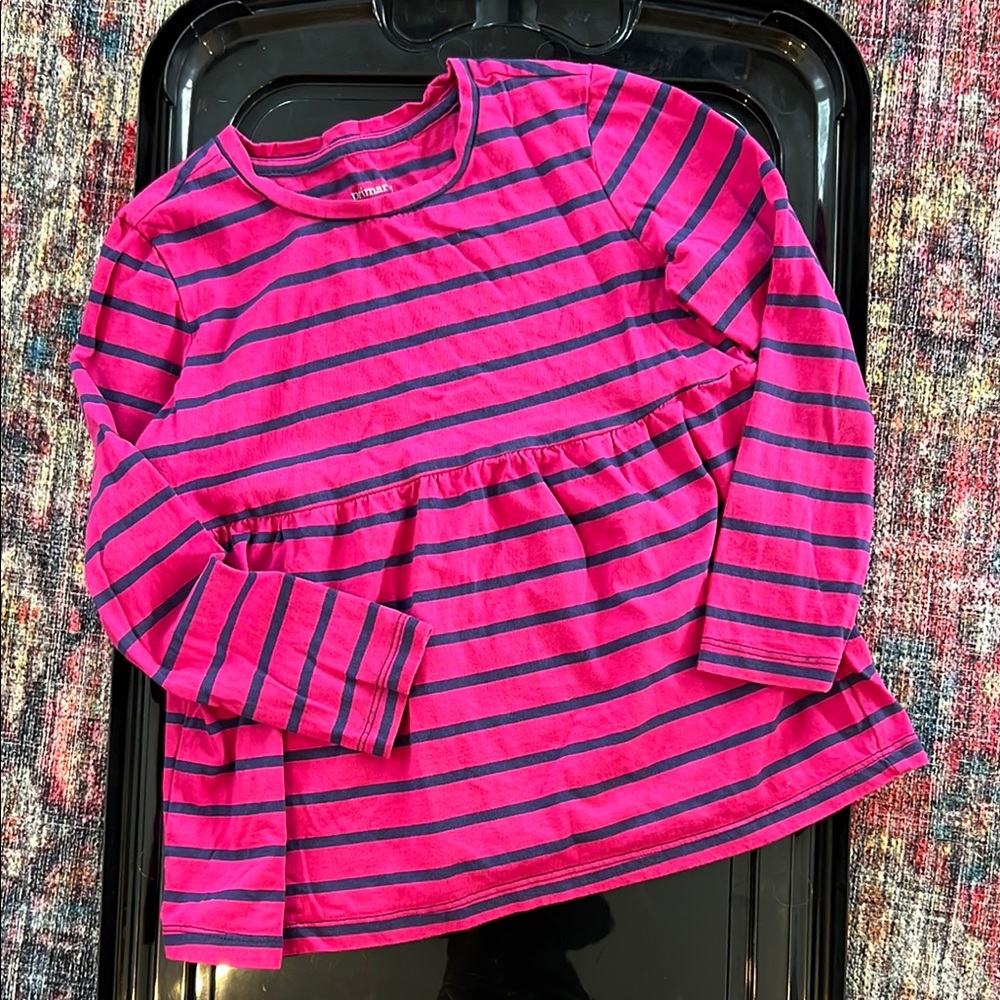 Primary Pink Long Sleeve Tee with Navy Stripes